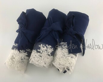 Navy Blue Cotton Robe with ivory lace trim -Bride Bridesmaid Flowergirl Gift-Monogrammable |sizes 0-26 standard or petite, child sizes