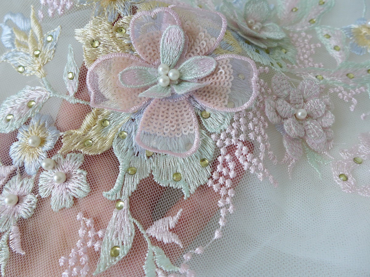 Beaded Lace 3D Flower Applique Pastel Embroidered Bridal