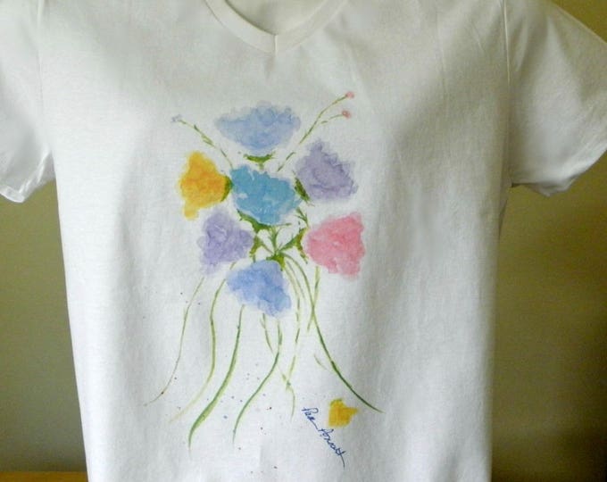 V-neck T-shirt Gift for Women created by Pam Ponsart of Pam's Fab Photos featuring a watercolor reproduction of spring flowers