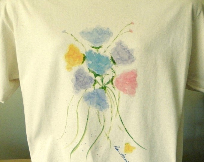 SPRING FLOWERS cotton T-shirt: Crew neck style, unisex sizing, featuring the watercolor art of Pam Ponsart of Pam's Fab Photos