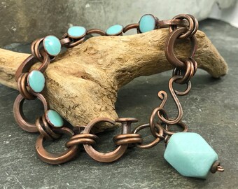 Bracelet of antique copper nails Copper bracelet Old nails Bent nails Enameled copper bracelet Copper and turquoise Amazonite bracelet