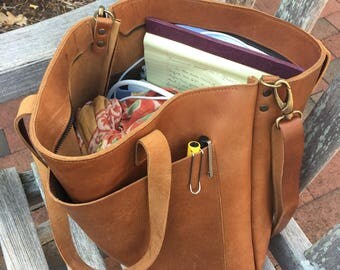 Ready to ship!! Camel Leather tote bag with large outside pocket. Cap Sa Sal Bag. Handmade.