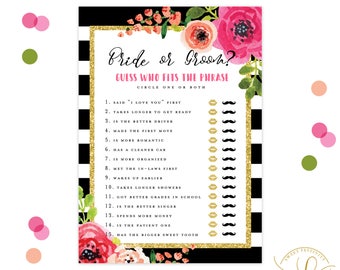 Bride or Groom Game | Bridal Shower Game Printable | Black and White Striped Bridal Shower | Kate Spade Bridal Shower | Floral Bridal Shower