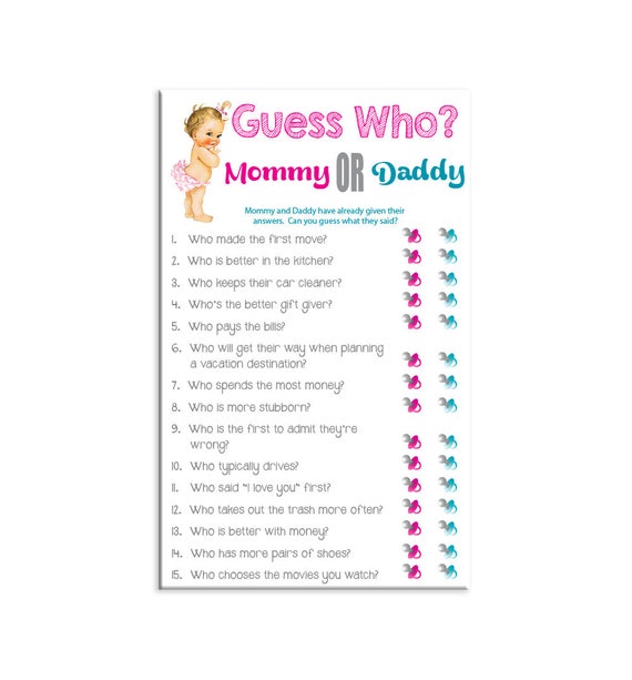 Guess Who Baby Shower Game Pink Teal Mommy and Daddy