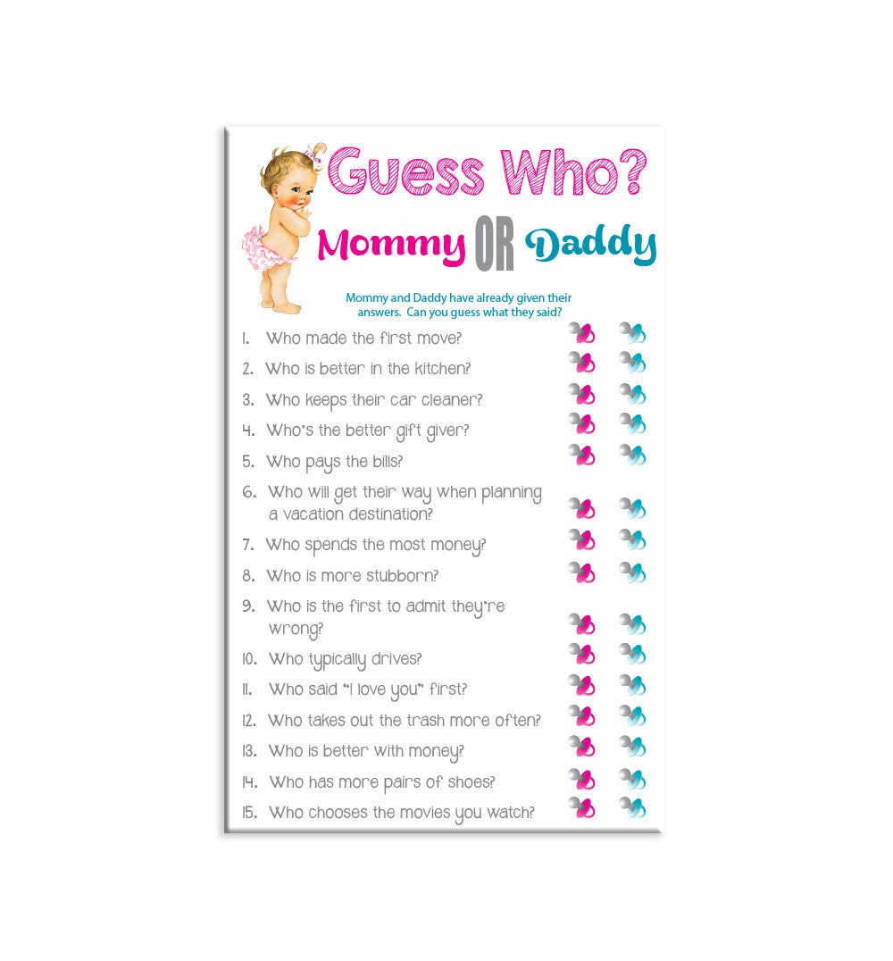 Guess Who Baby Shower Game Pink Teal Mommy and Daddy
