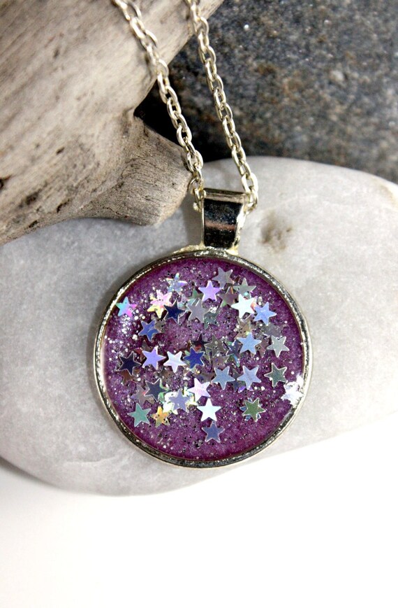 Round Glitter Resin Pendant. Holographic Star Jewelry.