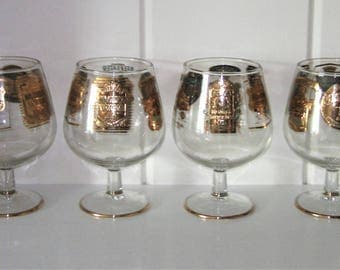 Set of 4 Vintage Snifter Style Cocktail Glasses with Liquor Logo Emblems in Gold
