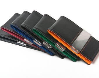 leather money clip wallet, multiple colors. FREE shipping, birthdays, groomsmen gifts, graduation, anniversary, stainless steel clip