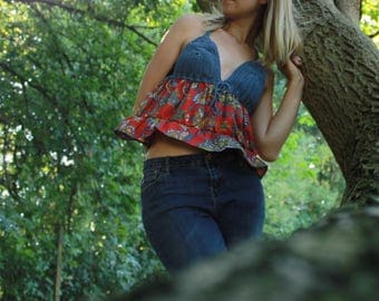bohochic blue hippie top, crochet gypsy style tank top, bohemian ruffle top