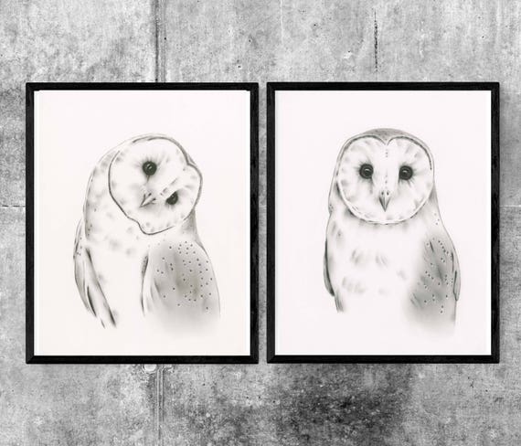 Charcoal Drawing Giclee Print Owl Set Barn Owl Art Set Of 2