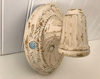 Vintage Wall Sconce, Ornate Lighting, Distressed Metal Wall Plate, Chippy White, Oval Wall Light Cover, Shabby Chic, Rustic Farmhouse