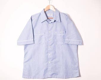 Vintage CHRISTIAN DIOR MONSIEUR Blue Oxford S/S Shirt with White Trim