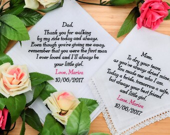 Personalized Handkerchiefs. Wedding Hankies. Mother and Father of the Bride Handkerchiefs. Embroidered Handkerchiefs Gift / Custom Set of 2