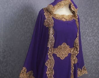 Smaller Hoodie Caftan Purple Gold Embroidered Dress Dubai Gold Embroidery Chiffon Wedding Teen or Smaller Women Bridesmaid Kaftan Maxi Dress