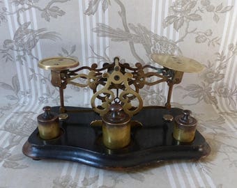 Antique French Scales - Napoleon III Scales French Scales - Pierced Brass Scales and Weights - French Antique Postal Scales Brass Fretwork