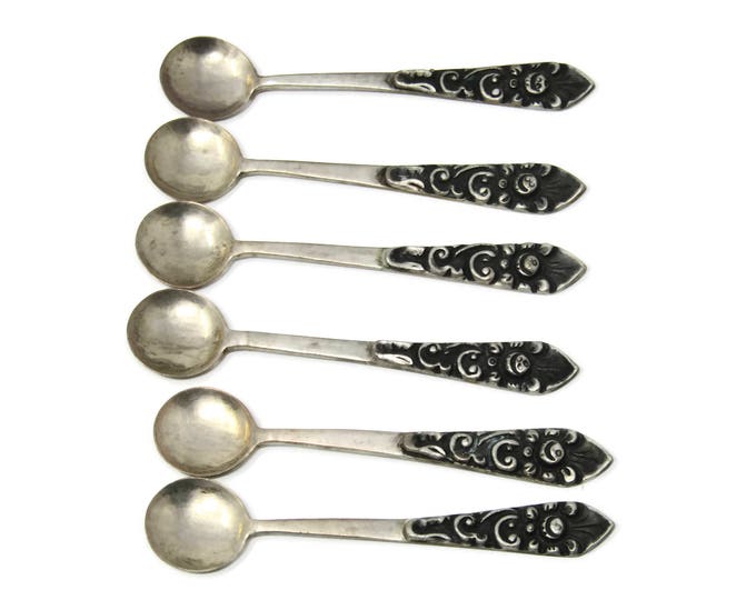 Sterling Silver Mustard Condiment Spoons - Set of 6 Continental European Salt Spoons - Vintage Cutlery 800 Grade Sterling Silver