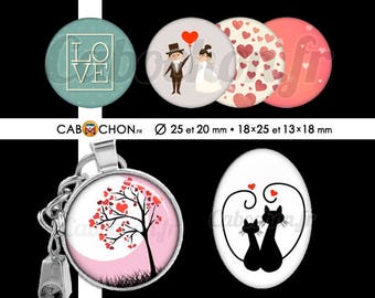 Saint Valentin 2 • 60 Images Digitales RONDES 25 20 mm et OVALES 18x25 13x18 mm amour love vie chat arbre coeur mariage