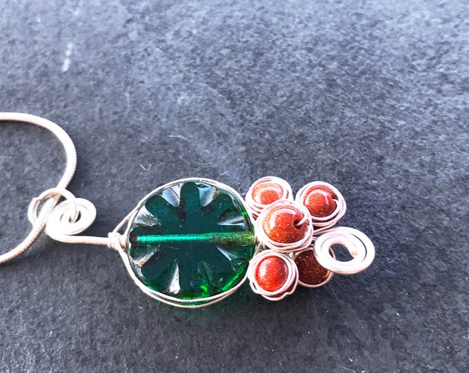 Wire Wrapped Green and Orange necklace, green and orange necklace, goldstone necklace, green and golstone necklace, handcrafted necklace