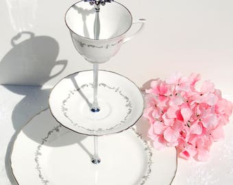 English 3 Tier Cake/Cupcake Stand.White and Silver Tiered Cake Stand. Tea Party, Bridal Shower, Baby shower, Wedding, Centerpiece