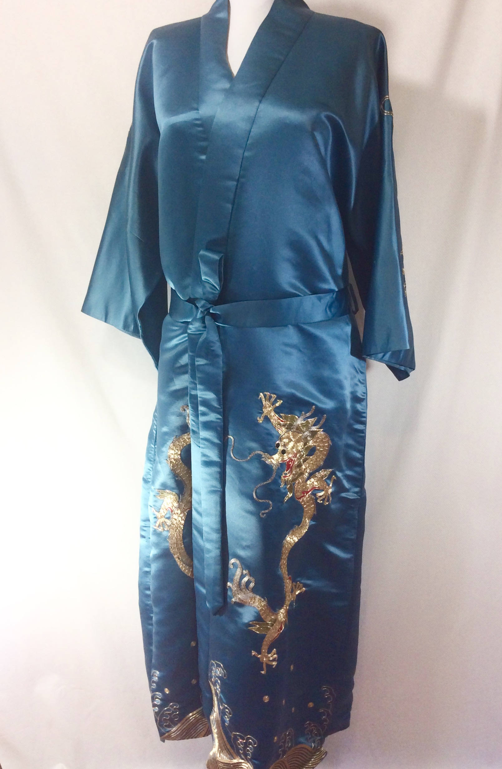 1960s Long Teal Genuine Silk Belted Robe with Metallic Gold