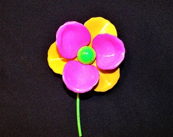 1960s Vintage MOD Flower Power Large Enameled 4 in Pin Neon Orange and Pink
