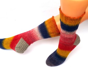 Blue Red Yellow Beige Hand Knitted Socks Blue Red Yellow Striped Women's Socks Colorful Blue Red Yellow Girl's Socks Warm Socks Winter Socks