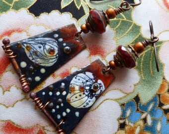 RESERVED FOR SANTAFEANNE. Midnight At The Oasis, Enamelled Copper Earrings, Copper Charms, Rustic Boho Jewelry, 2Moiselle, Northernblooms