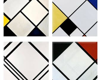 Mondrian Lozenge Composistion Coasters Recessed Woven Textured Turned Edges Picture Perfect Polyester Laminated, Set of 4