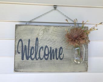 Mason Jar Welcome Sign - Distressed Welcome Sign - Housewarming Gift - Front Door Welcome Sign - Porch Sign - Rustic Front Door Decorations