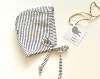 Cotton Baby Bonnet - Charcoal and White Striped Print - Gender Neutral Baby Bonnet - Baby Hat - Baby Girl Bonnet