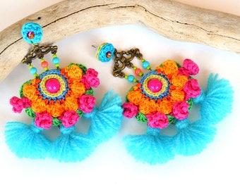 oversized earrings, pom pom earrings, colorful festival earrings, mexican earrings, fringe earrings, large tassel earrings, neon earrings