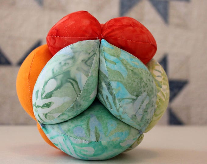 Modern Batik Hand Made Quilt and Montessori Ball Set. Bright Color Block Batik Turquoise, Green, Red, Orange Quilt and Clutch Ball Gift Set