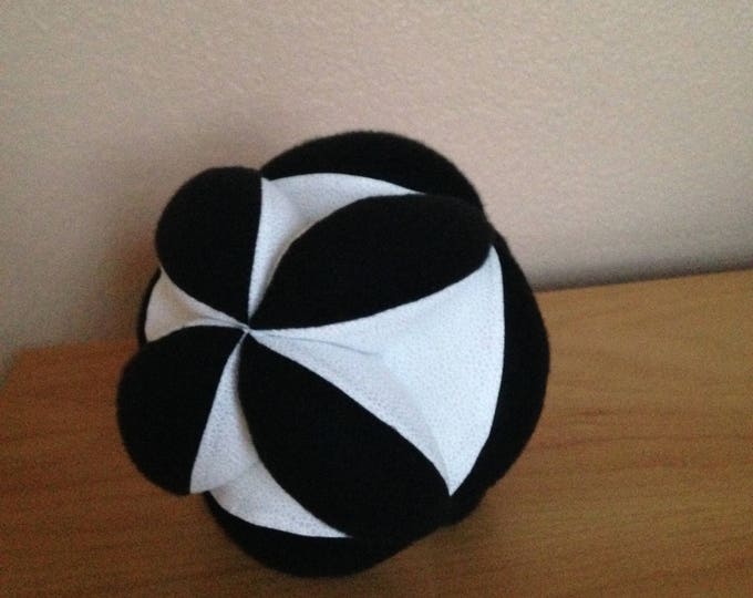 8" White and Black Soccer Ball. Montessori Puzzle Ball. Soft White Soccer Ball with Black Fuzzy Fleece insets. Sensory Learning Toy