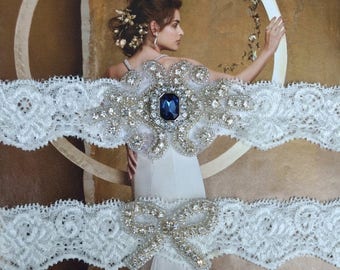 ON SALE Wedding Garter with Blue Sapphire Rhinestone, Wedding Garter Set, Navy Blue Garter, Bridal Garter Set, Lace Garter, Cinderella Garte