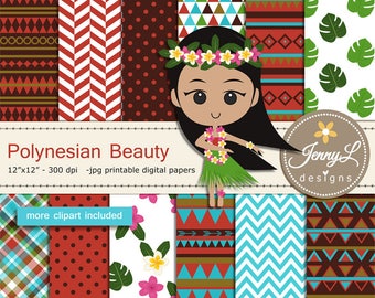 Polynesian Tribal digital papers and clipart SET, Hawaiian Party, Luau Dancers for Digital Scrapbooking,invitations, planner