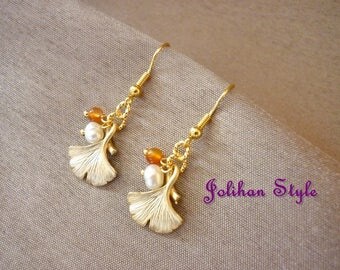 Earrings Golden "Ginko" with yellow jade