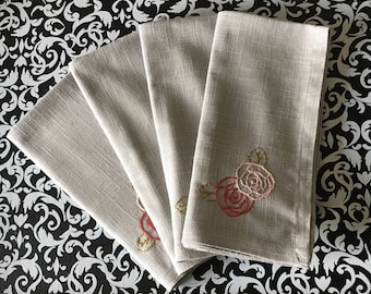 Four Hand Embroidered Cloth Napkins with Vintage Rose Design