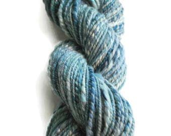 Handspun Worsted Yarn, 128 yards, 3.5 oz, sw merino, soy silk, malabrigo, singles, green, blue, ocean, plied, 2 ply, quick knit, beginners
