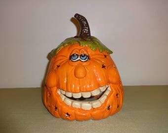 Ceramic Pumpkin with Silly Face Lights Up