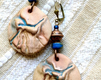 Rustic beige, blue and gold earrings