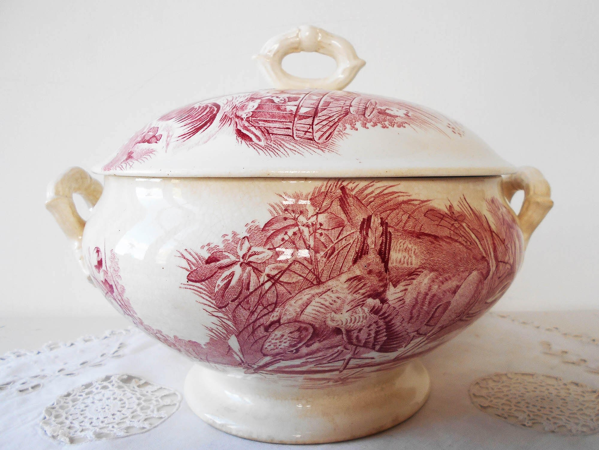 Antique French Soup Tureen Ironstone White Red Birds and