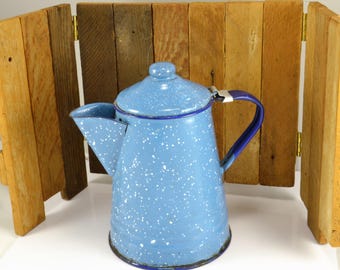 Blue White Speckled Enamelware Coffee Pot - Cobalt Blue Trim - Small 4 Cup Size - Hinged Lid - Primitive Farmhouse Kitchen