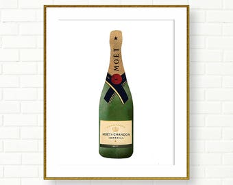 Champagne Bottle Print, Moet Chandon, Brut, INSTANT DOWNLOAD, French Wall Art, Vanity Art, Gold Foil, Wardrobe, Glam, Green, Gold, Elegant