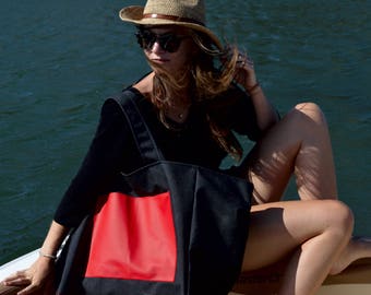 Large Tote. Grand Sac de Plage. Black Cordura and Red Vinyl.