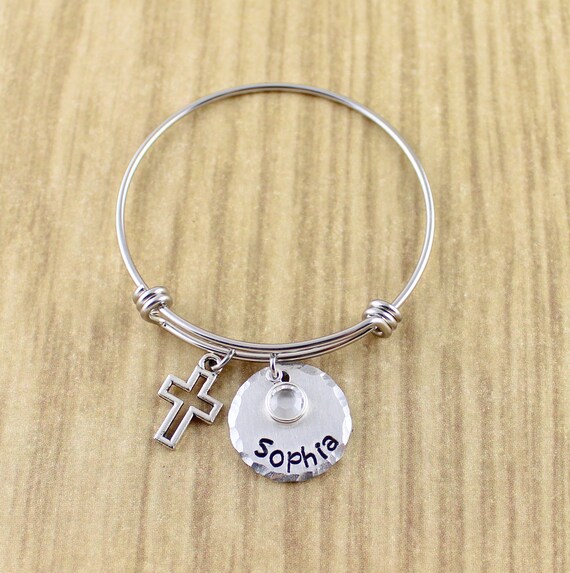 Personalized Little Girl's Cross Bangle Bracelet