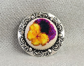 Viola flower brooch Gift for her Cross stitch jewelry Embroidered brooch Yellow black flower Hand embroidered gift Viola jewelry Women gift