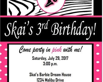 5x7 Printable Pink and Black Barbie Birthday Invitation- Zebra Print and Polka Dot- Any Age- Digital File