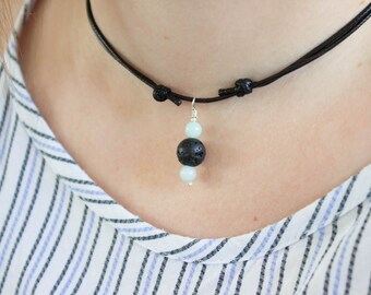 Amazonite Lava Rock Aromatherapy Necklace, Gemstone Necklace, Crystal Pendant Essential Oil Diffuser, Long / Choker Necklace, Vegan Friendly