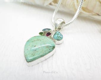 Tibetan Turquoise Garnet Peridot and Blue Topaz Sterling Silver Pendant and Chain