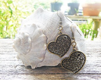 Heart Charm Necklace and Earrings, Romantic Jewelry Set